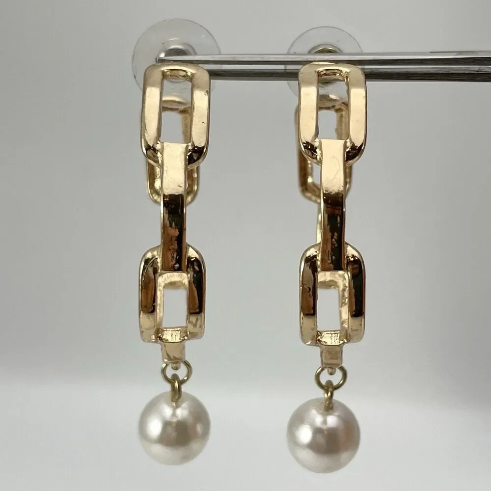 Statement Gold Tone Chain Hoop Faux Pearl Dangle Earrings Boho Fashion Boho